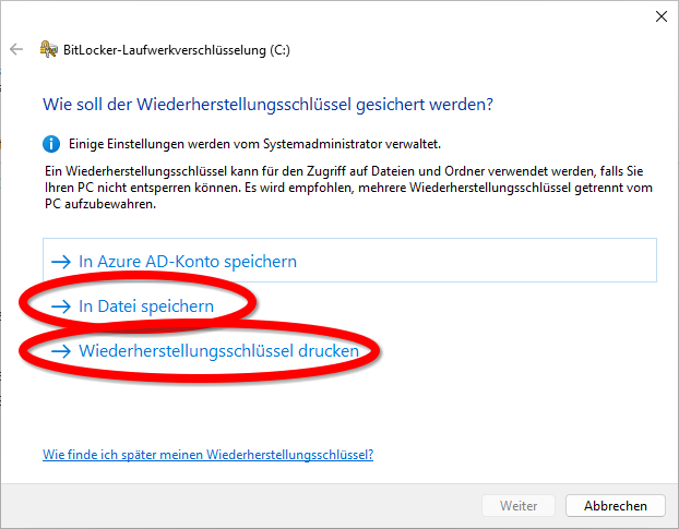 Bitlocker-Key sichern