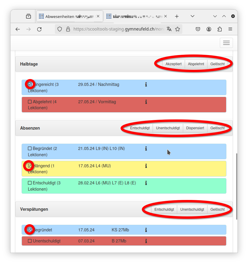 Liste Absenzen Halbtage und Wegweisungen