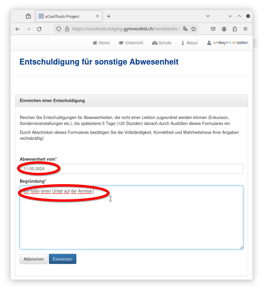 Entschuldigung sonstige Abwesenheit